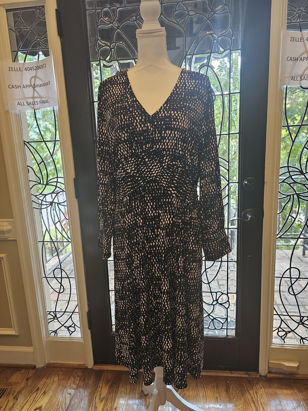 Chico's Black and White Speckled V-Neck Long Sleeve Dress